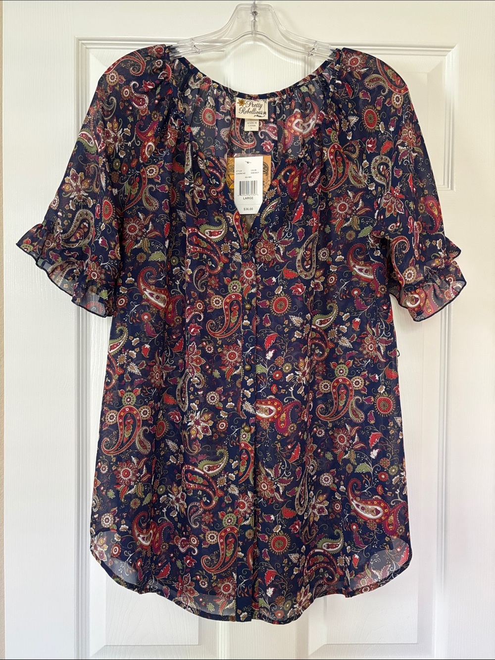 Pretty Rebellious Navy Paisley Ruffle Sleeve Blouse